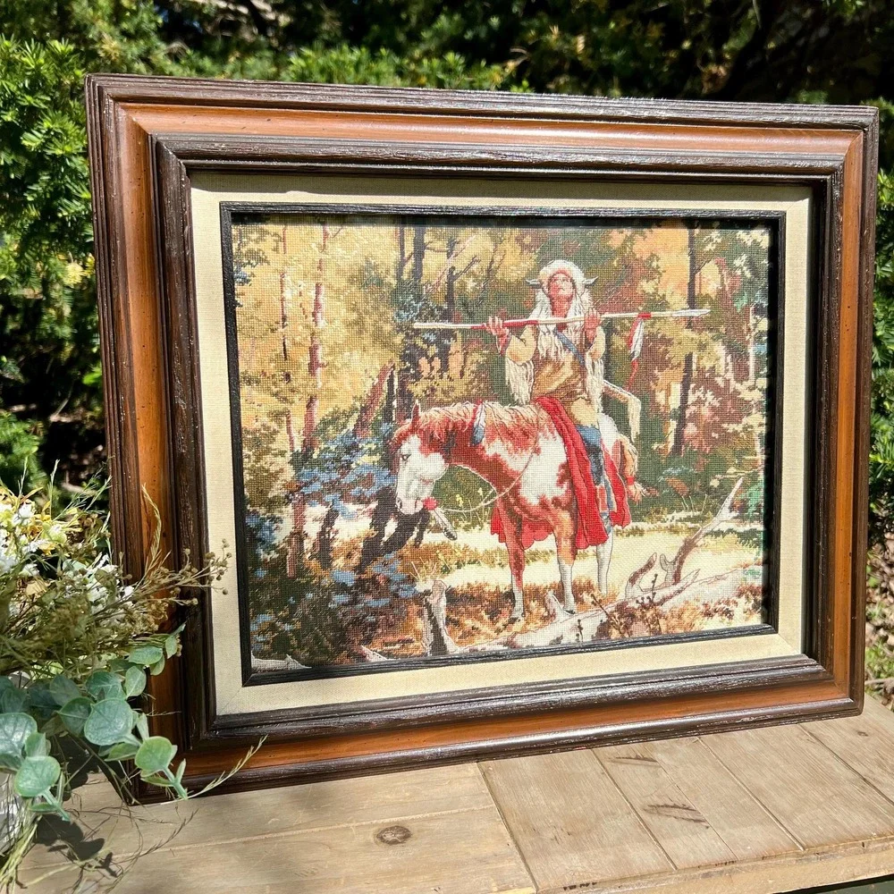 Vintage Needlepoint Indian Horse Art w/ Frame -